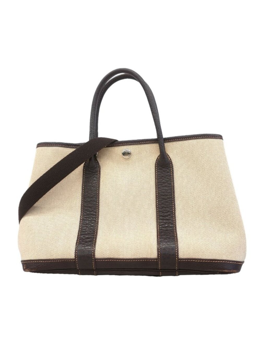 Hermes Tote Bag Garden Party TPM Toile H Brown Silver 2-Way